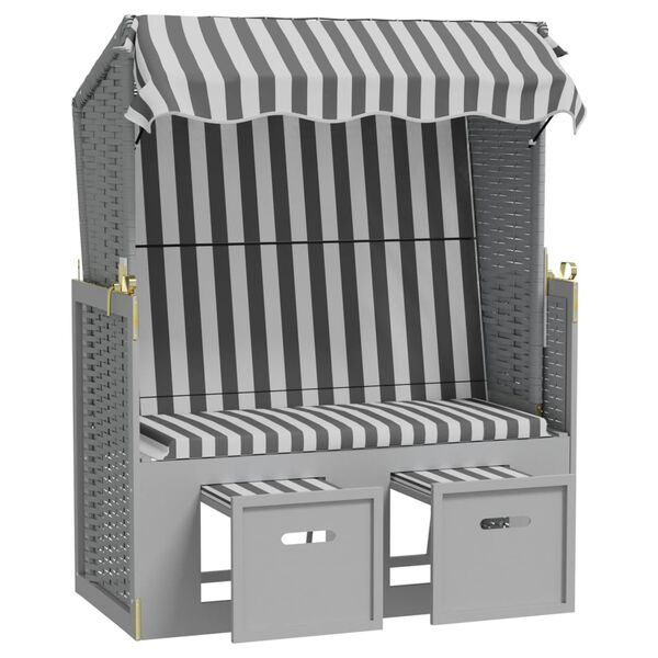 vidaXL Stol za na plažo s streho poli ratan in trden les siv in bel