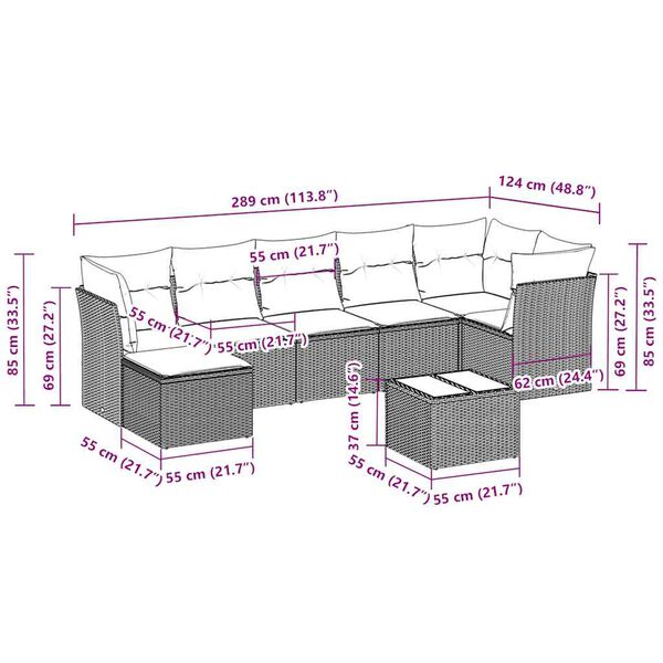 vidaXL Vrtna sedežna garnitura 8-delna z blazinami sv. siv poli ratan