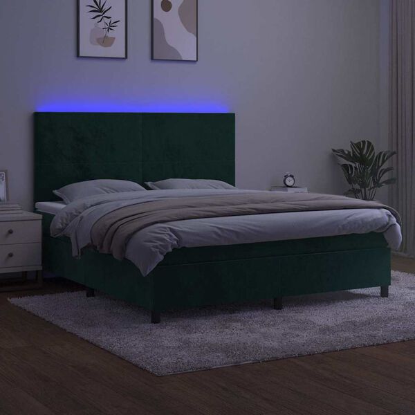 vidaXL Box spring postelja z vzmetnico LED tem. zelena 160x200cm žamet