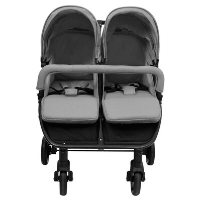 vidaXL Otroški voziček za dvojčke svetlo siv in črn jeklen
