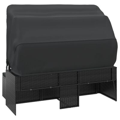 vidaXL Vrtni kavč trosed s streho in stolčkom za noge črn poli ratan