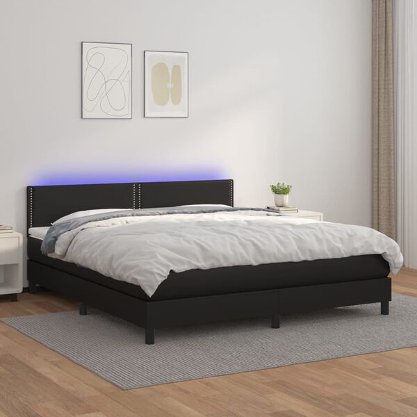 vidaXL Box spring postelja z vzmetnico LED črna 160x200 cm um. usnje