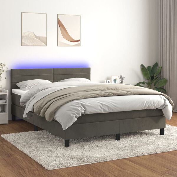 vidaXL Box spring postelja z vzmetnico LED temno siva 140x200 cm žamet