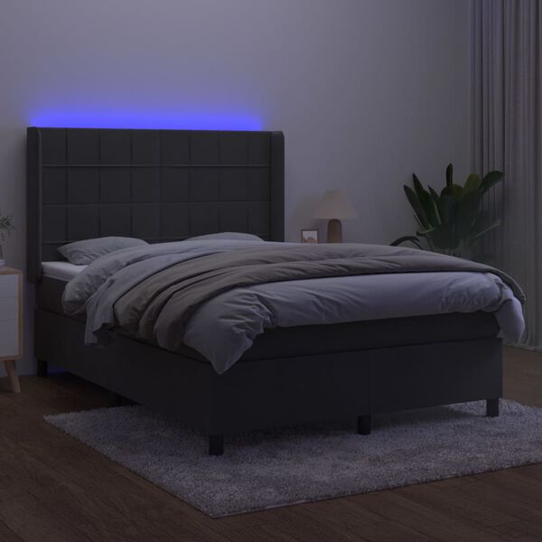 vidaXL Box spring postelja z vzmetnico LED temno siva 140x200 cm žamet
