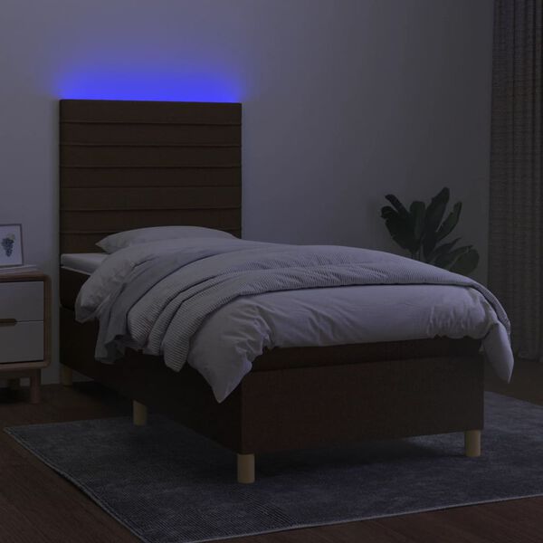 vidaXL Box spring postelja z vzmetnico LED temno rjava 90x190 cm blago