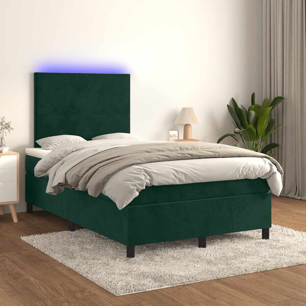 vidaXL Box spring postelja z vzmetnico LED tem. zelena 120x200cm žamet