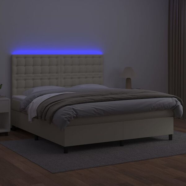 vidaXL Box spring postelja z vzmetnico LED krem 180x200cm umetno usnje