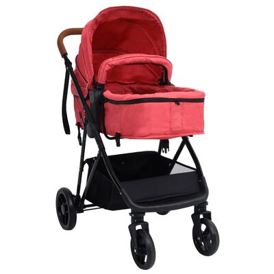 vidaXL Otroški voziček 3 v 1 rdeč in črn jeklen