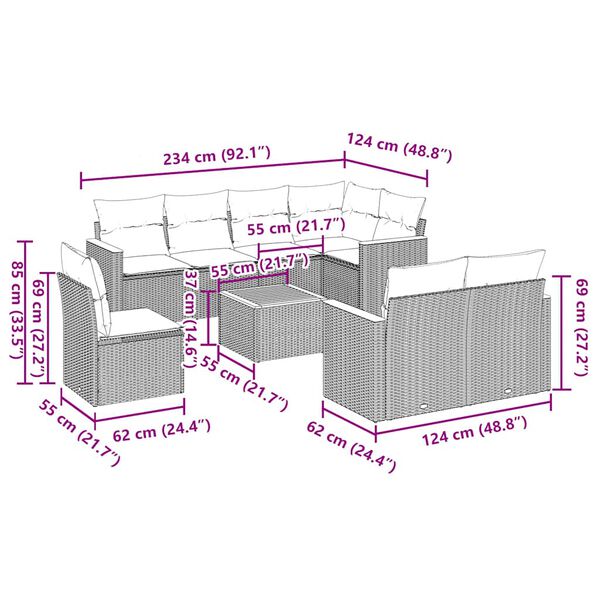 vidaXL Vrtna sedežna garnitura 9-delna z blazinami črn poli ratan