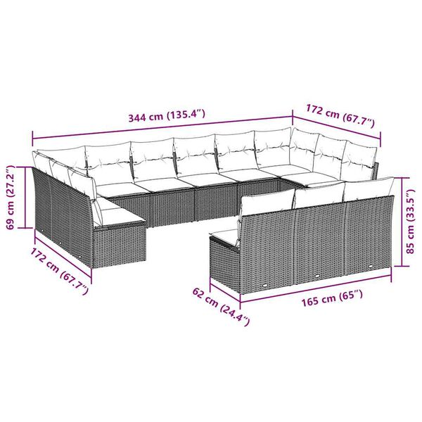 vidaXL Vrtna sedežna garnitura 13-delna z blazinami rjav poli ratan