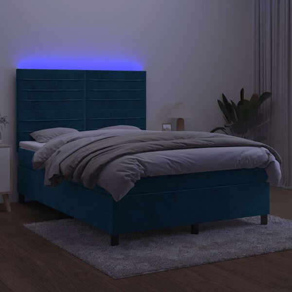 vidaXL Box spring postelja z vzmetnico LED temno modra 140x200cm žamet