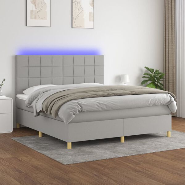 vidaXL Box spring postelja z vzmetnico LED sv. siva 160x200 cm blago