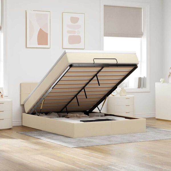 vidaXL Otomanska postelja z vzmetnico & LEDs krema 140x200 cm Tkanina