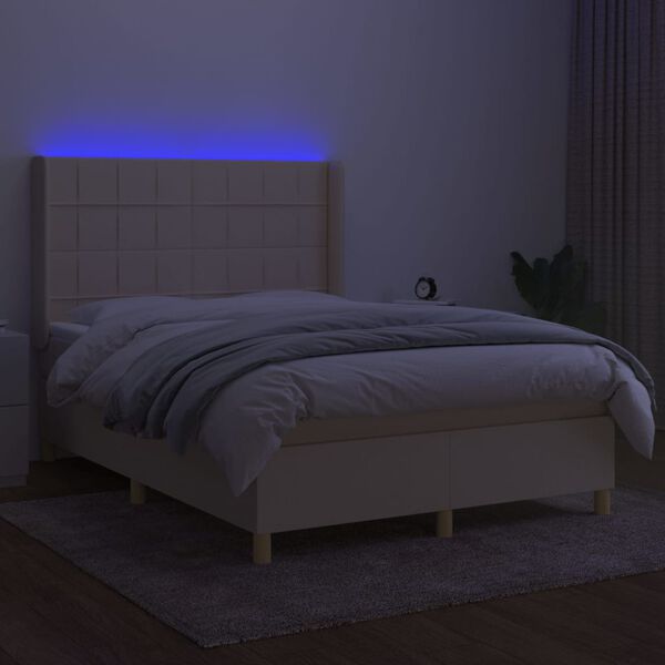 vidaXL Box spring postelja z vzmetnico LED krem 140x200 cm blago