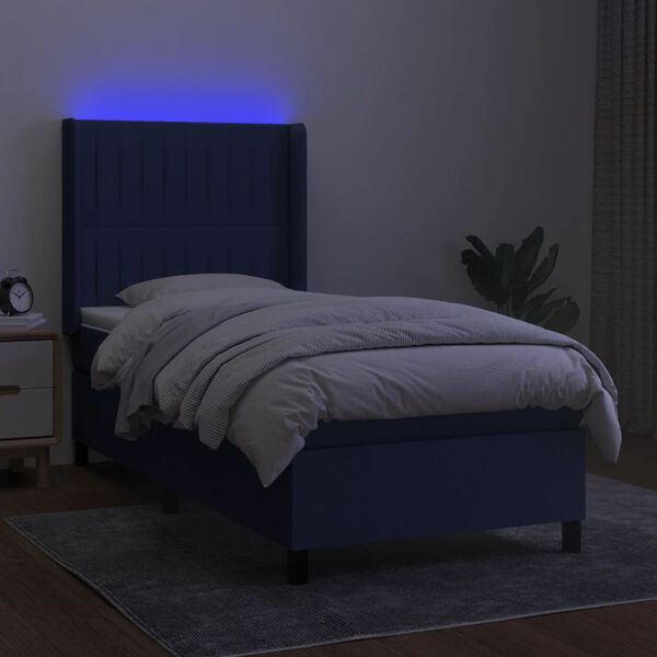 vidaXL Box spring postelja z vzmetnico LED modra 90x200 cm blago