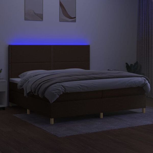 vidaXL Box spring postelja z vzmetnico LED temno rjava 200x200cm blago