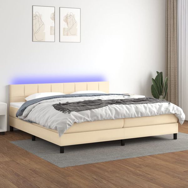 vidaXL Box spring postelja z vzmetnico LED krem 200x200 cm blago