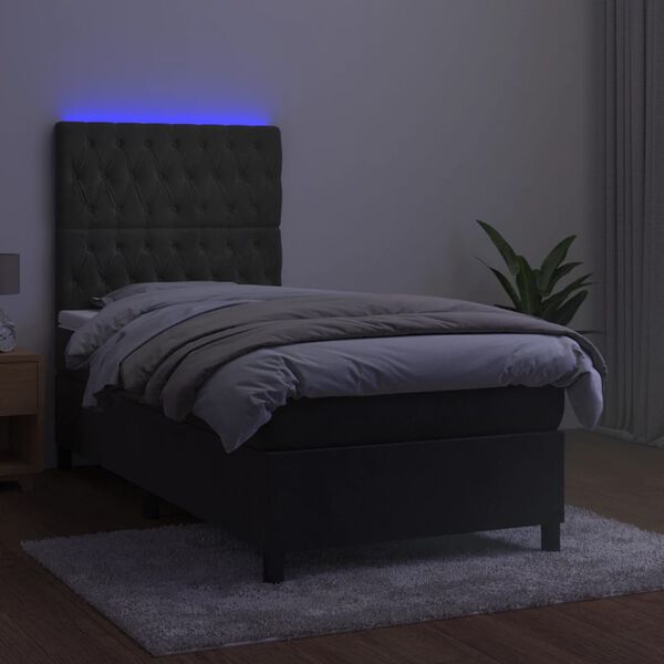 vidaXL Box spring postelja z vzmetnico LED temno siva 90x190 cm žamet