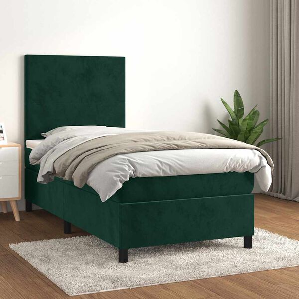 vidaXL Box spring postelja z vzmetnico temno zelen 90x190 cm žamet