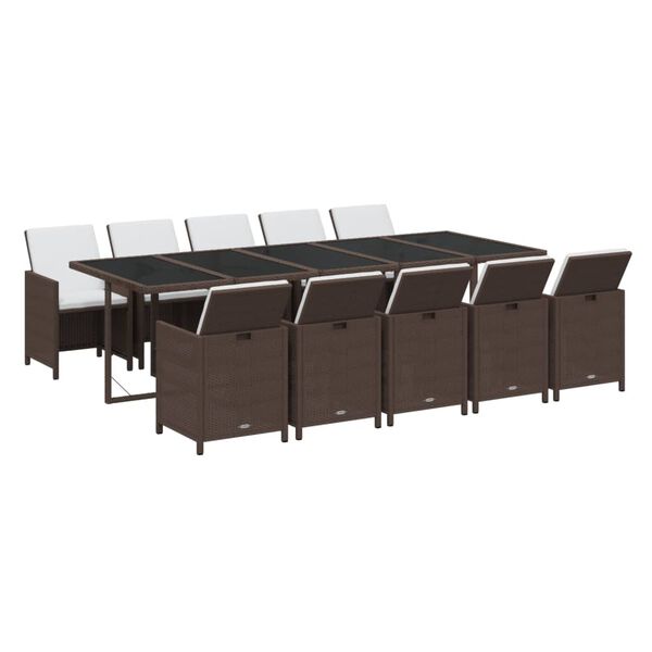 vidaXL Vrtna jedilna garnitura 11-delna z blazinami poli ratan rjava