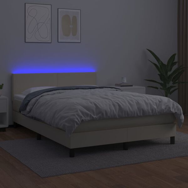 vidaXL Box spring postelja z vzmetnico LED krem 140x190cm umetno usnje