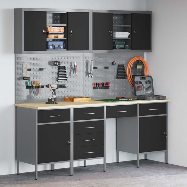 vidaXL Delovna omara s predalom 10 pcs Črna Inženirski les in jeklo