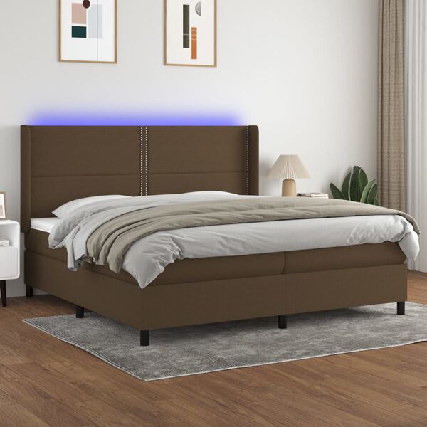 vidaXL Box spring postelja z vzmetnico LED temno rjava 200x200cm blago