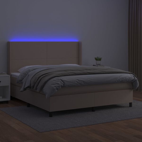 vidaXL Box spring postelja vzmetnico LED kapučino 180x200 cm um. usnje