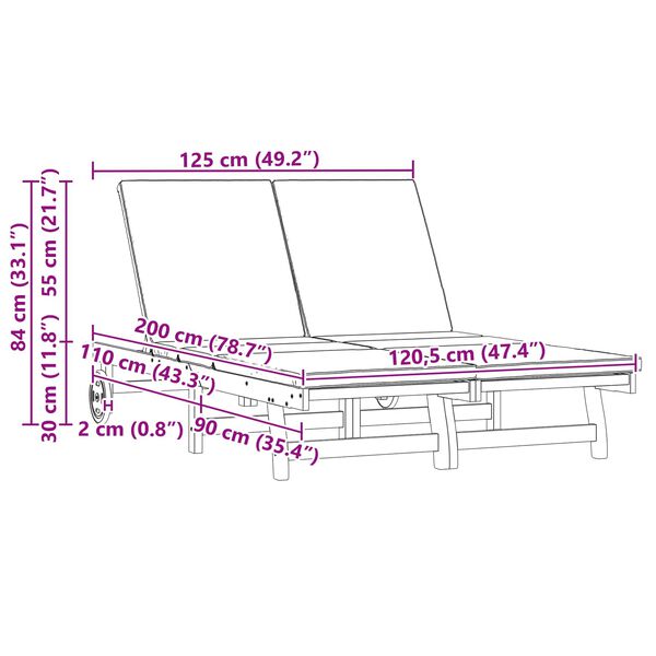 vidaXL Ležalnik 2-oseba Rjava 63 x 199 x 85 cm Masiven les akacije
