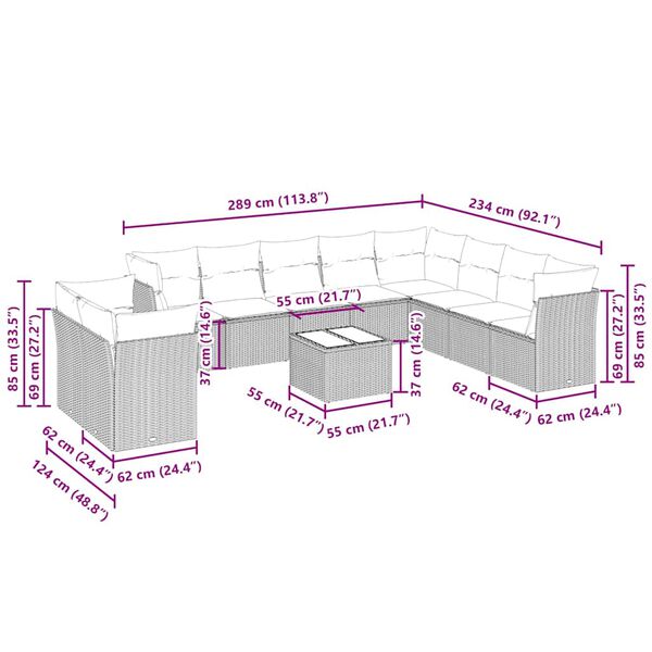 vidaXL Vrtna sedežna garnitura 11-delna z blazinami sv. siv poli ratan