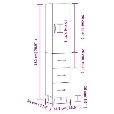 vidaXL Visoka omara visok sijaj bela 34,5x34x180 cm inženirski les
