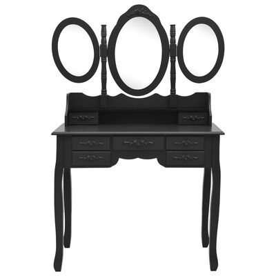 vidaXL Mizica za ličenje s stolčkom in tridelnim ogledalom črna