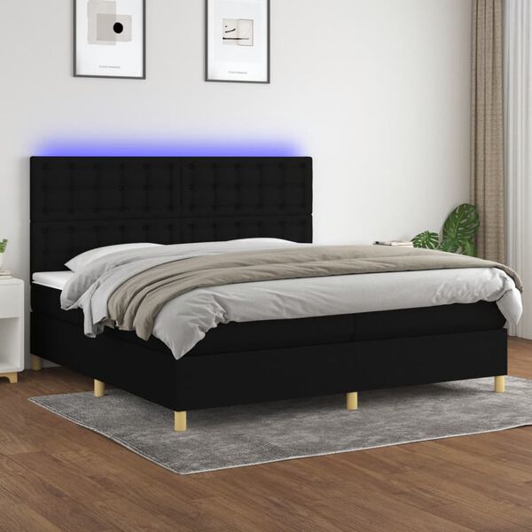 vidaXL Box spring postelja z vzmetnico LED črna 200x200 cm blago