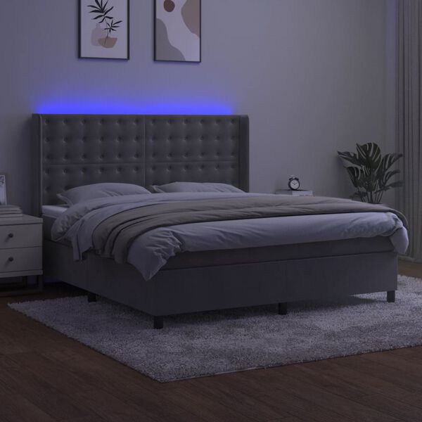 vidaXL Box spring postelja z vzmetnico LED svetlo siva 180x200cm žamet