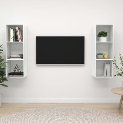 vidaXL Stenska TV omarica 2 kosa visok sijaj bela iverna plošča
