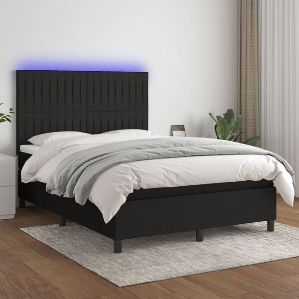 vidaXL Box spring postelja z vzmetnico LED črna 140x190 cm blago