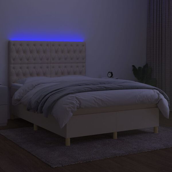 vidaXL Box spring postelja z vzmetnico LED krem 140x200 cm blago