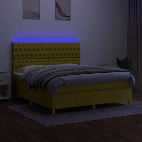 vidaXL Box spring postelja z vzmetnico LED zelena 180x200 cm blago