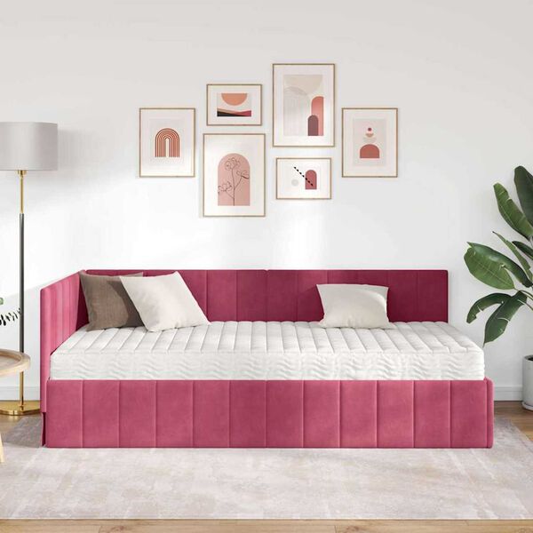 vidaXL Kotna postelja z vzmetnico vinsko rdeča 90 x 200 cm Žamet