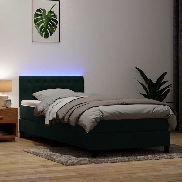 vidaXL Box spring postelja z vzmetnico LED temno zelena 90x220 cm žamet