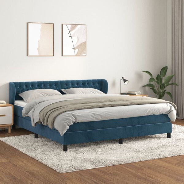 vidaXL Box spring postelja z vzmetnico temno modra 160x200 cm žamet