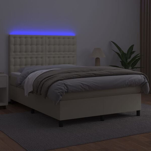 vidaXL Box spring postelja z vzmetnico LED krem 140x190cm umetno usnje