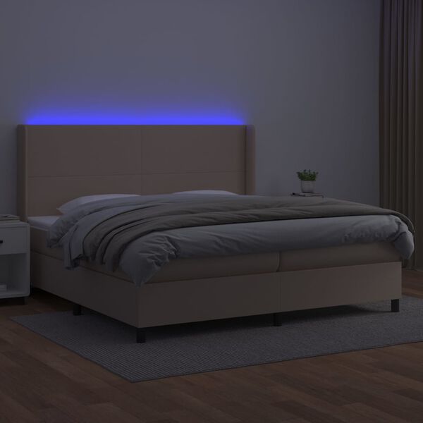 vidaXL Box spring postelja vzmetnico LED kapučino 200x200 cm um. usnje