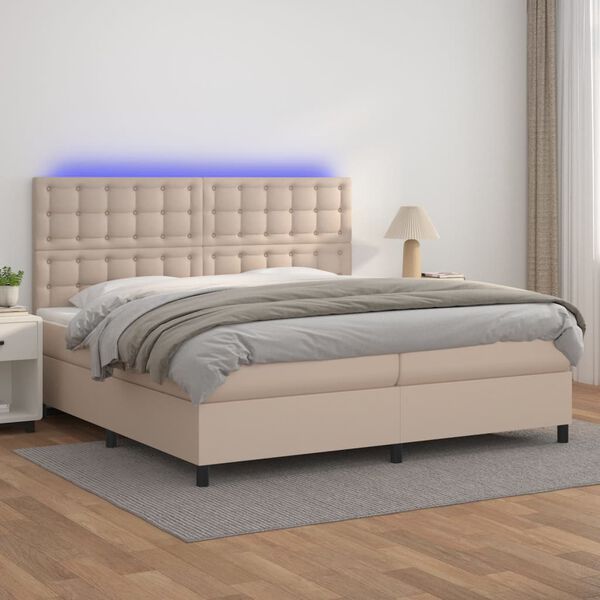 vidaXL Box spring postelja vzmetnico LED kapučino 200x200 cm um. usnje