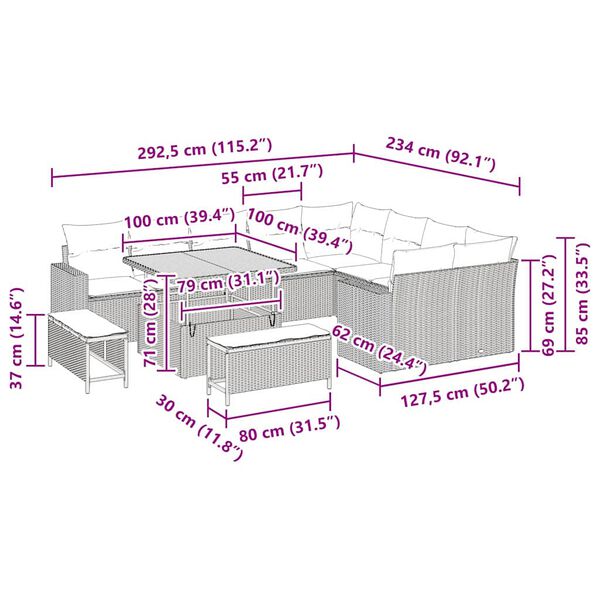vidaXL Vrtna sedežna garnitura z blazino 13 pcs Črna poli ratan