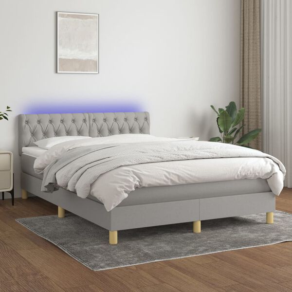 vidaXL Box spring postelja z vzmetnico LED sv. siva 140x200 cm blago