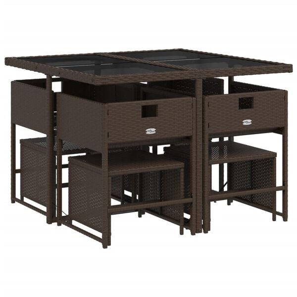 vidaXL Vrtna jedilna garnitura 9-delna z blazinami rjav poli ratan