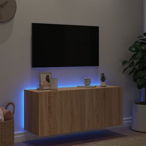 vidaXL Stenska TV omarica z LED lučkami sonoma hrast 100x35x41 cm