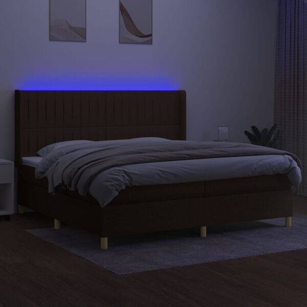 vidaXL Box spring postelja z vzmetnico LED temno rjava 200x200cm blago