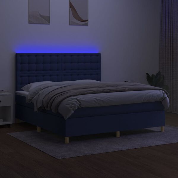 vidaXL Box spring postelja z vzmetnico LED modra 180x200 cm blago